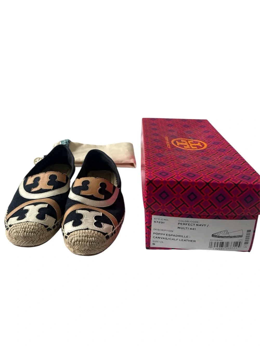 Tory Burch Navy & Beige Logo Espadrille Flats with Jute Toe